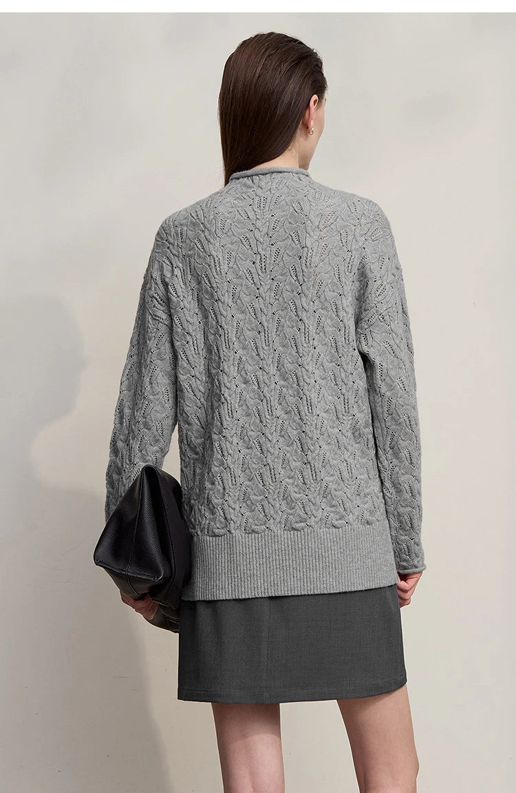 Damen-Strickpullover mit Stehkragen, langarm, grau meliert, Rückansicht