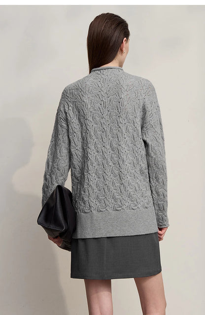 Damen-Strickpullover mit Stehkragen, langarm, grau meliert, Rückansicht