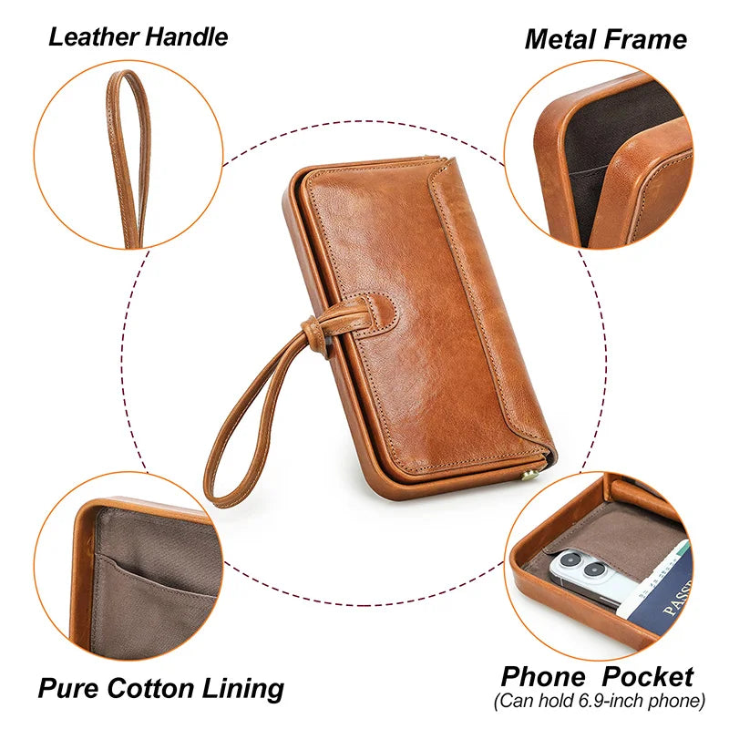 Echtleder-Handgelenktasche mit Ledergriff, Metallrahmen und Innenfächern für Handy und Karten