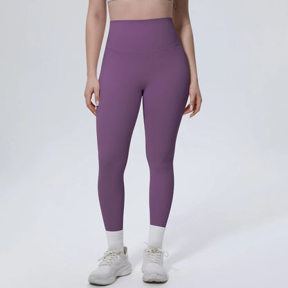 High-Waist-Yogaleggings lila, Vorderansicht, enges Bein mit breitem Taillenbund