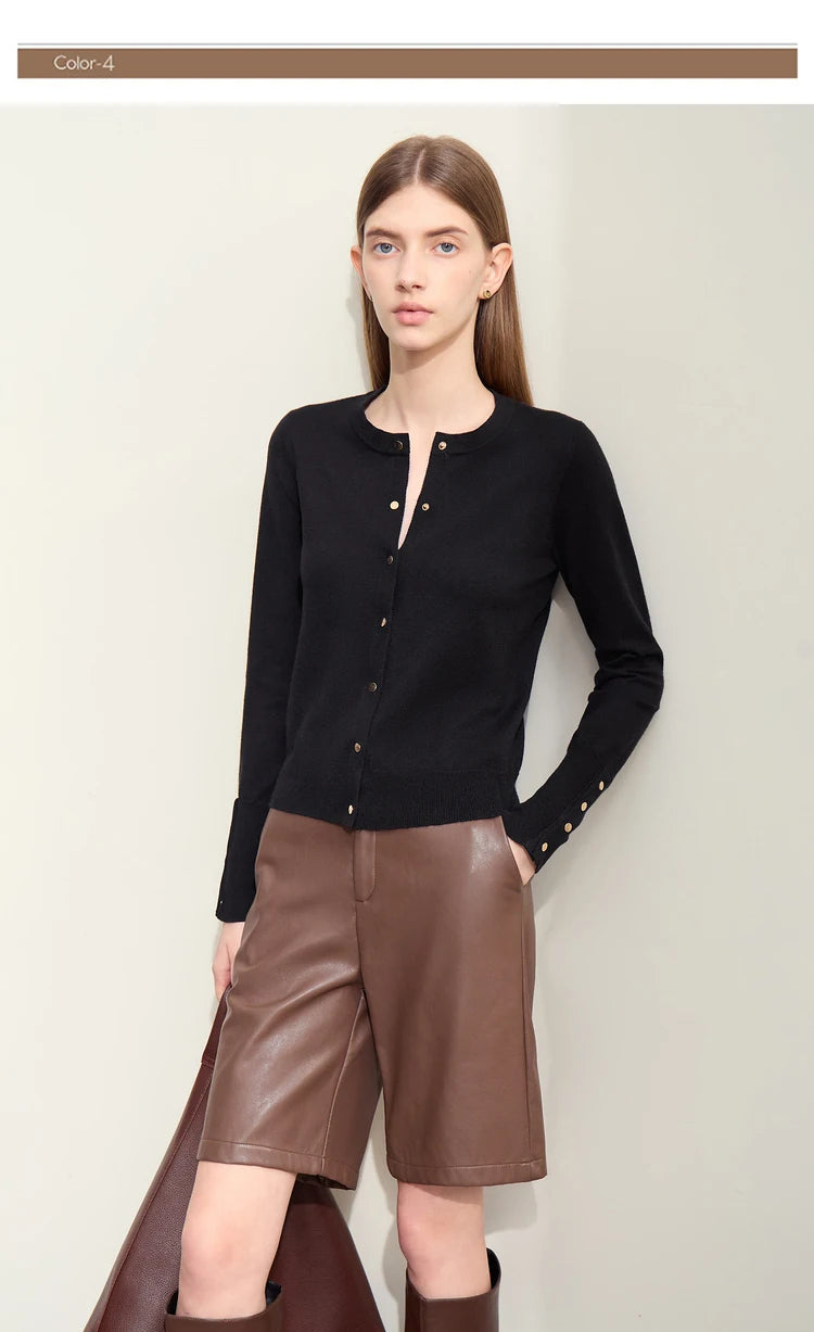 Damen-Strickjacke Rundhals Wolle Metallknopf französisch Büro Frühling