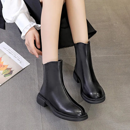 Schwarze Leder-Ankle-Boots für Damen mit Reißverschluss und niedrigem Blockabsatz