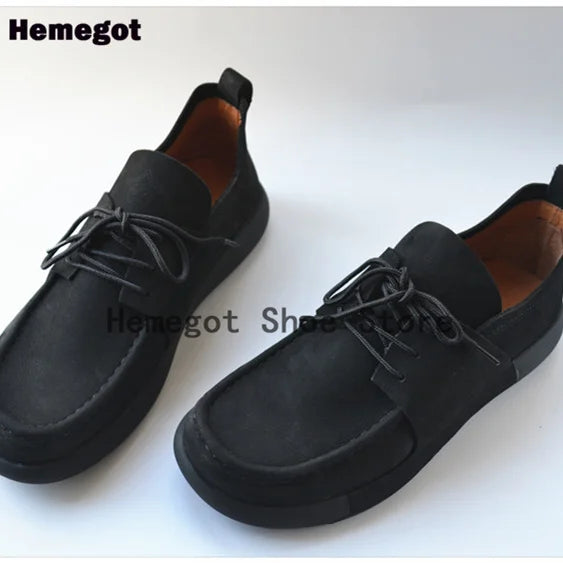 Black Flats Men Shoes Classic British Style Men's Casual Leather Shoes for Outdoor Camping Anti-Slip Leather Handmade Men Shoes
