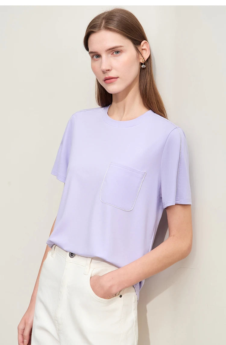 Damen Sommer-T-Shirts im minimalistischen Stil mit O-Ausschnitt und kurzen Ärmeln