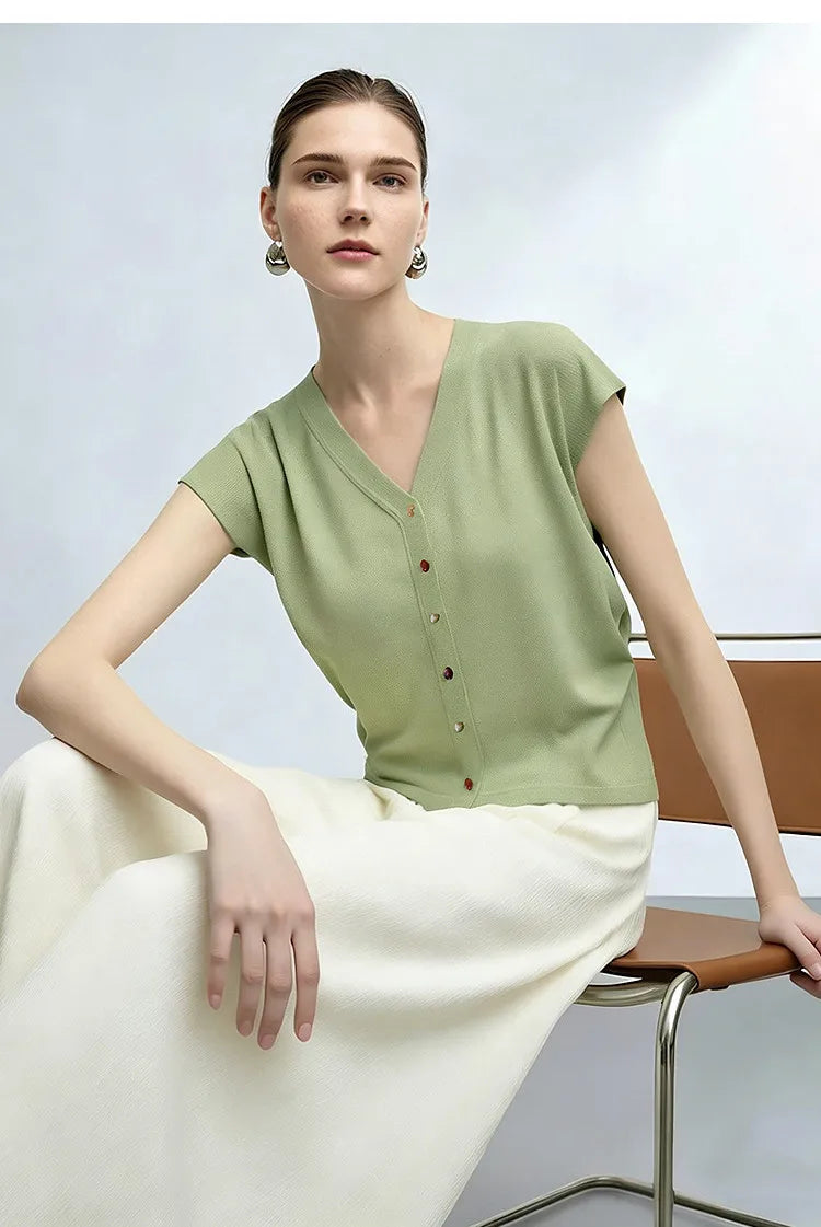 Damen V-Ausschnitt Cardigan Crop Kurzarm Viskose Sommer