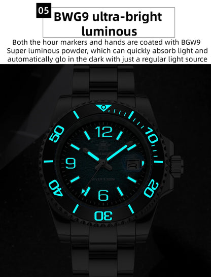 Herren-Taucheruhr 41 mm mit BGW9-Leuchtmasse und 20 Bar