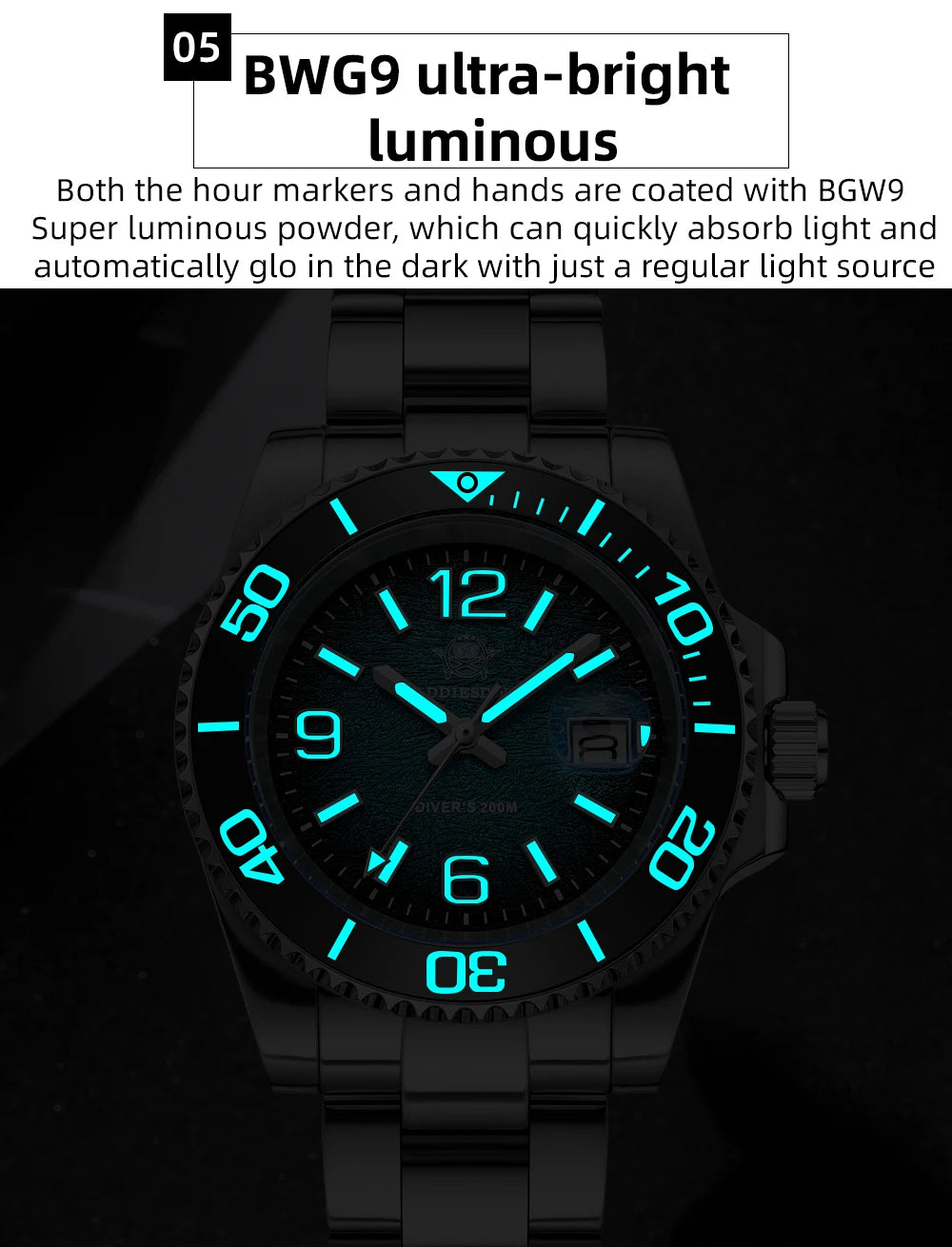 Herren-Taucheruhr 41 mm mit 316L-Stahl und 200 m Tiefe