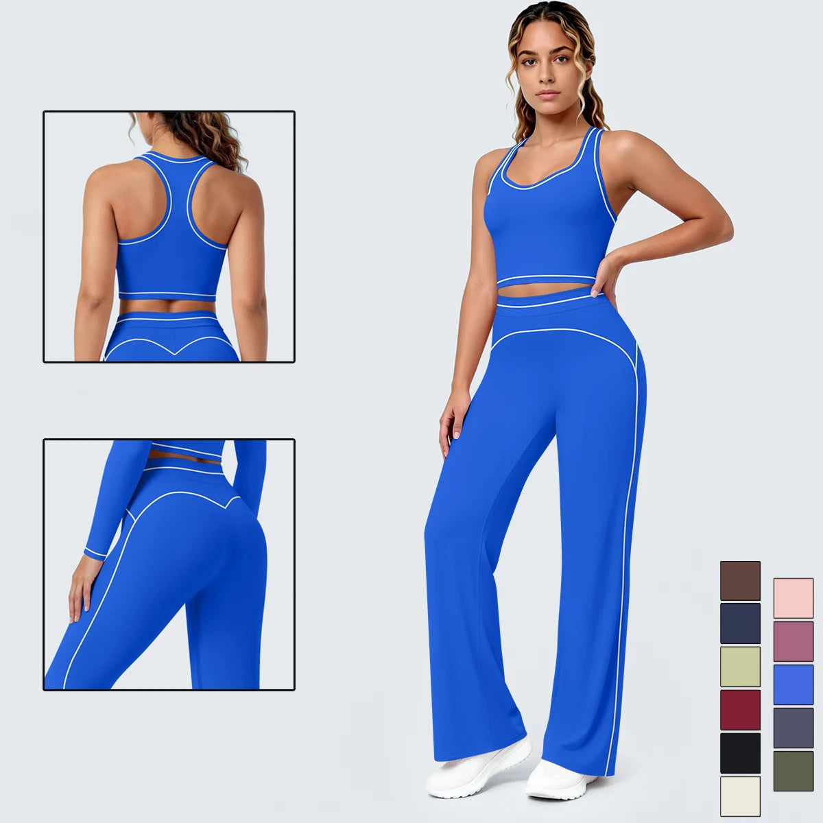 Damen-Yoga-Set: blaues Racerback-Top mit U-Ausschnitt, dazu weite Hose mit Kontrastlinien.