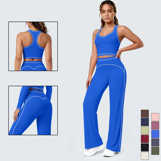 Damen-Yoga-Set: blaues Racerback-Top mit U-Ausschnitt, dazu weite Hose mit Kontrastlinien.