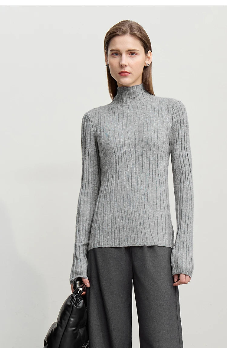 Damen-Wollpullover mit Stehkragen, grau, Rippenstrick, lange Ärmel