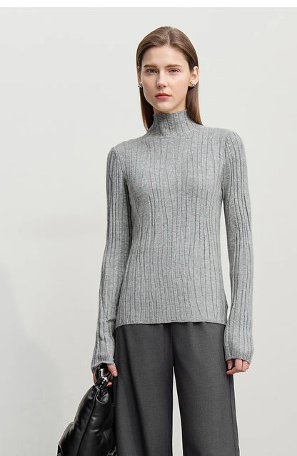 Damen-Wollpullover mit Stehkragen, grau, Rippenstrick, lange Ärmel