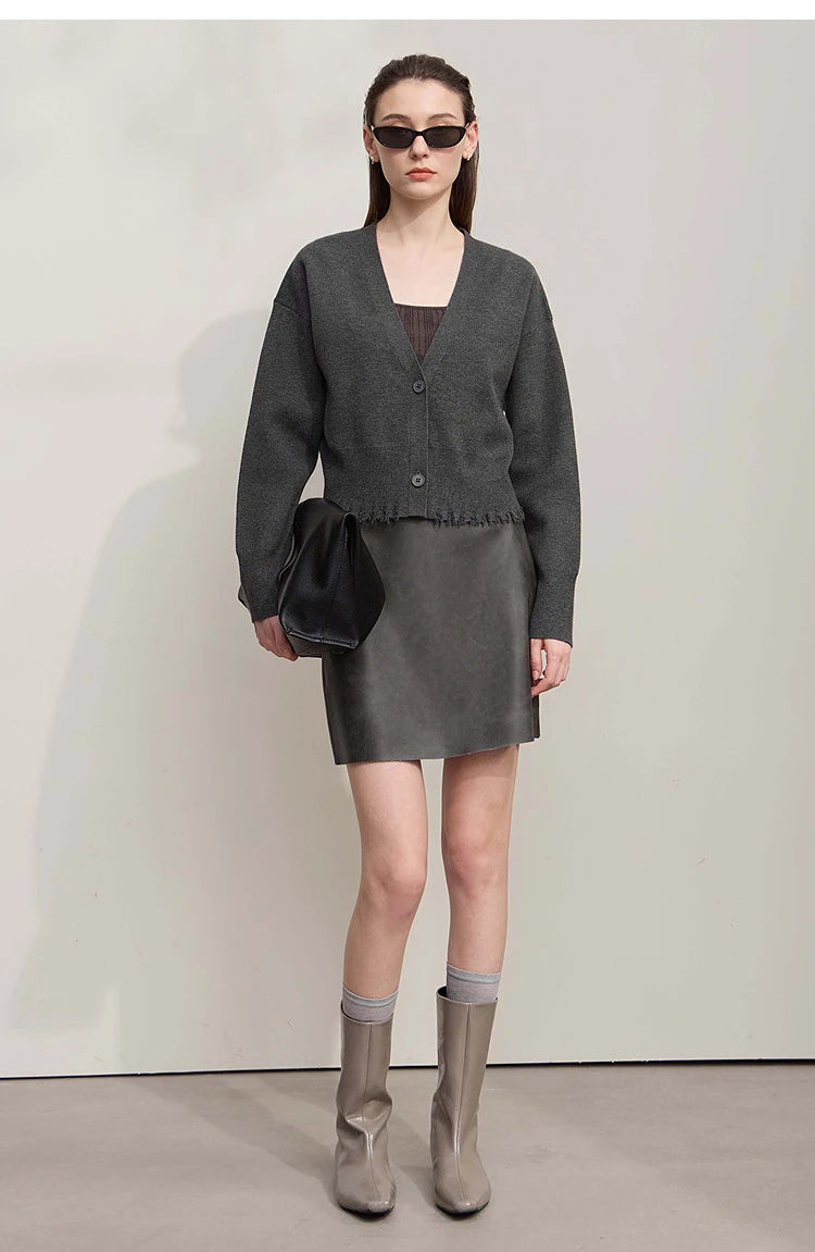 Damen-Strickjacke V-Ausschnitt kurz Quaste locker Langarm Herbst