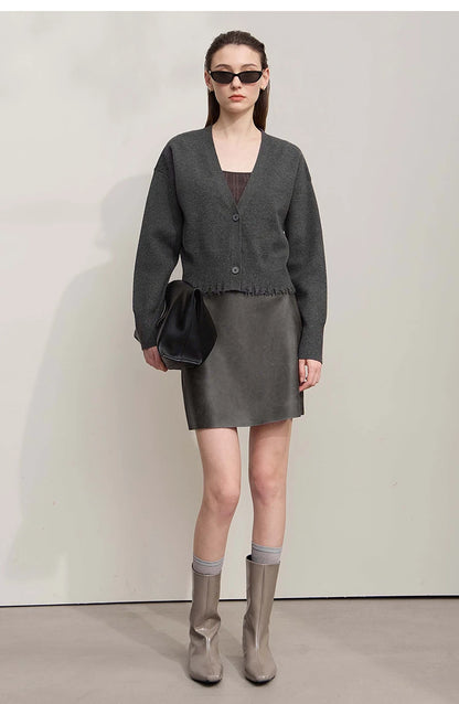 Damen-Strickjacke V-Ausschnitt kurz Quaste locker Langarm Herbst