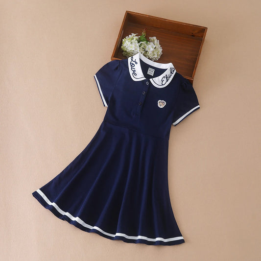 Mädchen Sommerkleid 2024 Turn-Down Kragen Kleidung Kinder adrette Stil bestickte Schule Sommerkleid Kinder 5-12 Jahre
