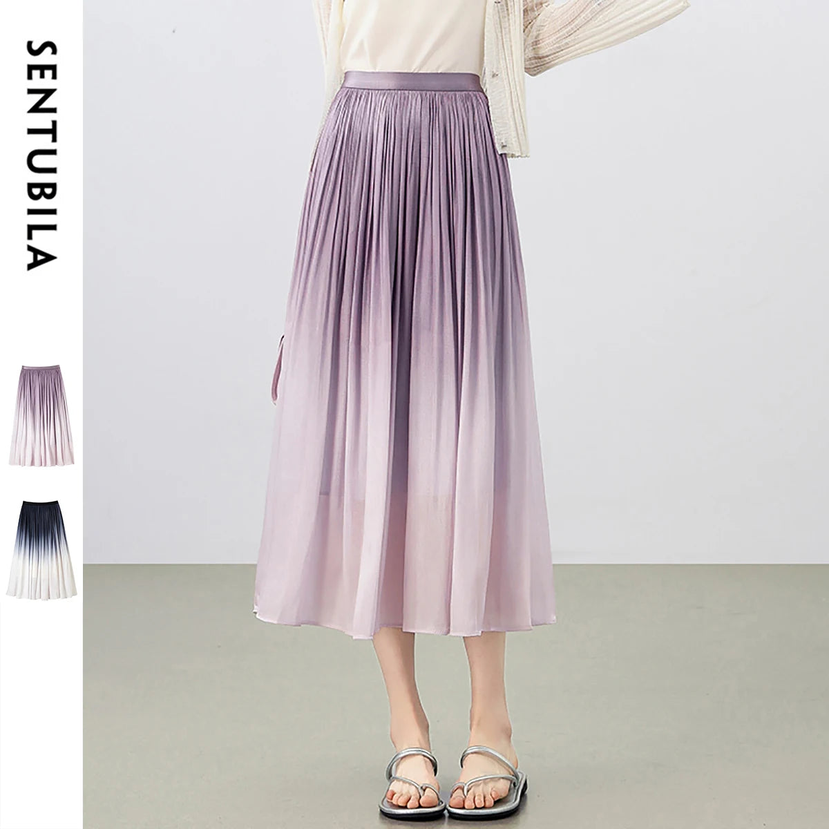 Damen Midi-Rock im Farbverlauf mit elastischem hohen Bund und Falten