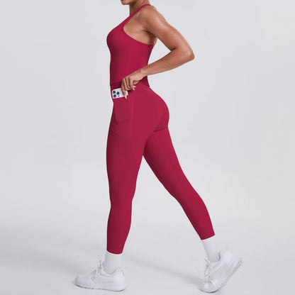 Damen Yoga-Overall, dunkelrot, ärmellos, bequeme Passform, seitliche Taschen
