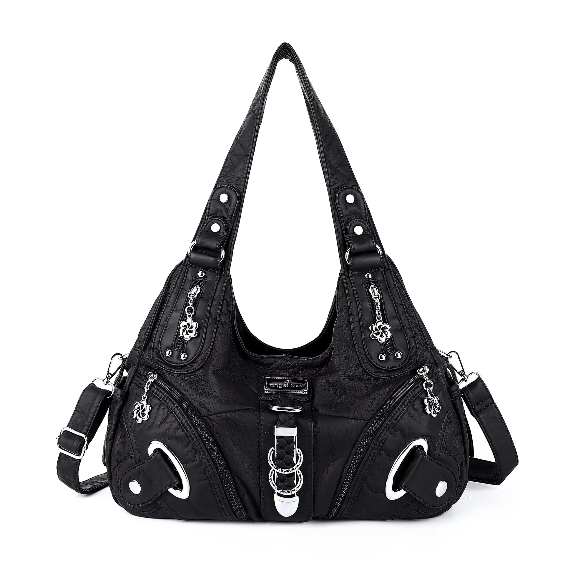 Damen-Shopper-Tasche in Schwarz mit kurzen Tragegriffen, Schulterriemen und mehreren Fächern
