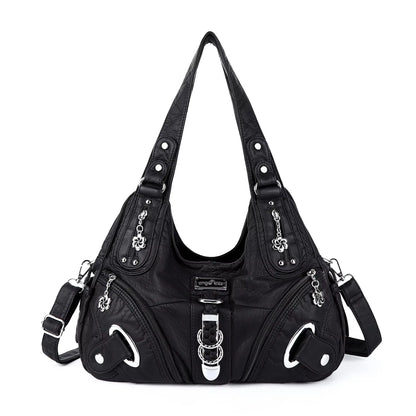 Damen-Shopper-Tasche in Schwarz mit kurzen Tragegriffen, Schulterriemen und mehreren Fächern