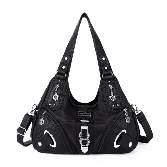 Damen-Shopper-Tasche in Schwarz mit kurzen Tragegriffen, Schulterriemen und mehreren Fächern