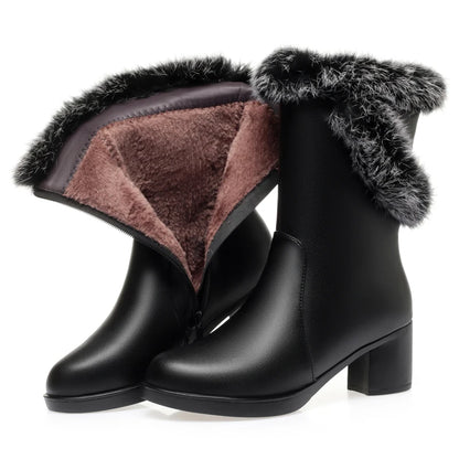 Damen Stiefel aus echtem Leder mit quadratischem Absatz und Fellfutter