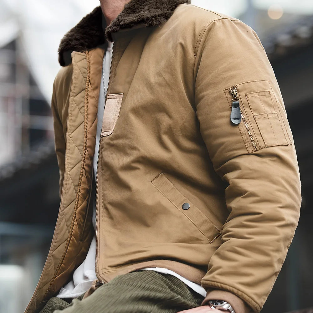 Herren Bomberjacke Vintage Kunstkaninchenfell Revers Signatur-Armtasche Winter