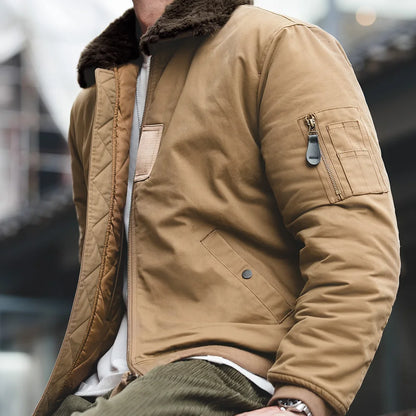 Herren Bomberjacke Vintage Kunstkaninchenfell Revers Signatur-Armtasche Winter