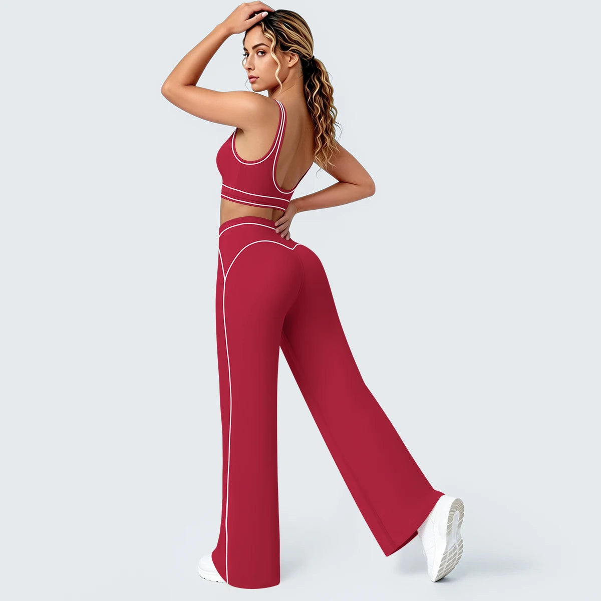 Damen-Yoga-Set mit Sport-BH und weiter Hose, weinrot mit Kontraststreifen