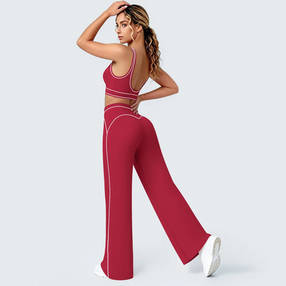 Damen-Yoga-Set mit Sport-BH und weiter Hose, weinrot mit Kontraststreifen