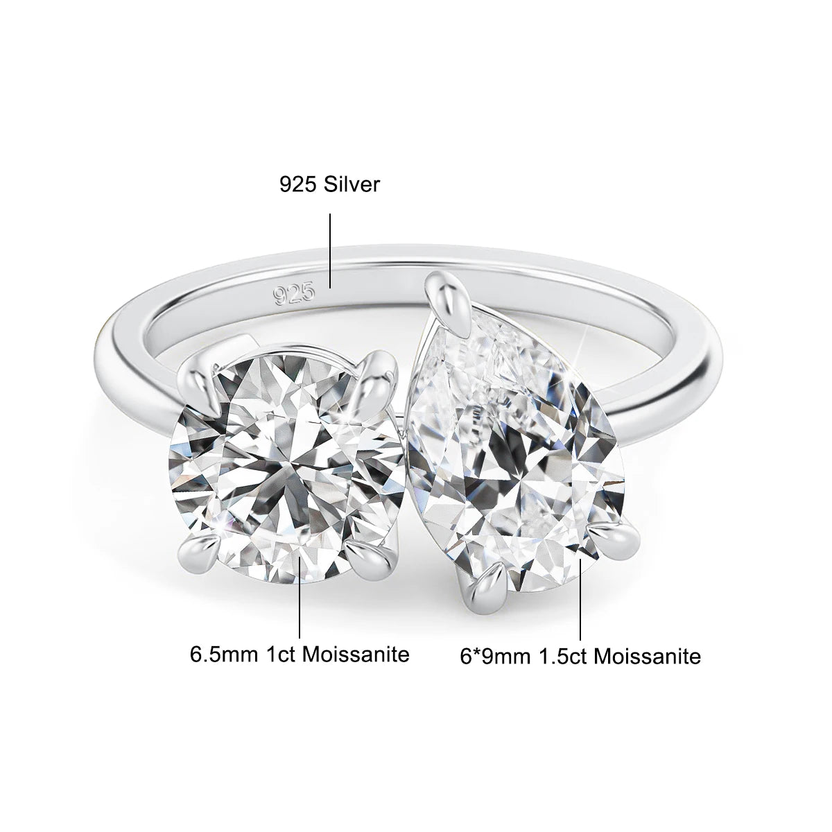Damen-Verlobungsring mit zwei Moissanit-Steinen aus Silber 925 und 18K-Goldplattierung