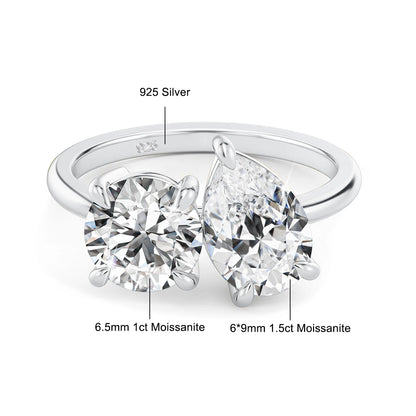 Damen-Verlobungsring mit zwei Moissanit-Steinen aus Silber 925 und 18K-Goldplattierung