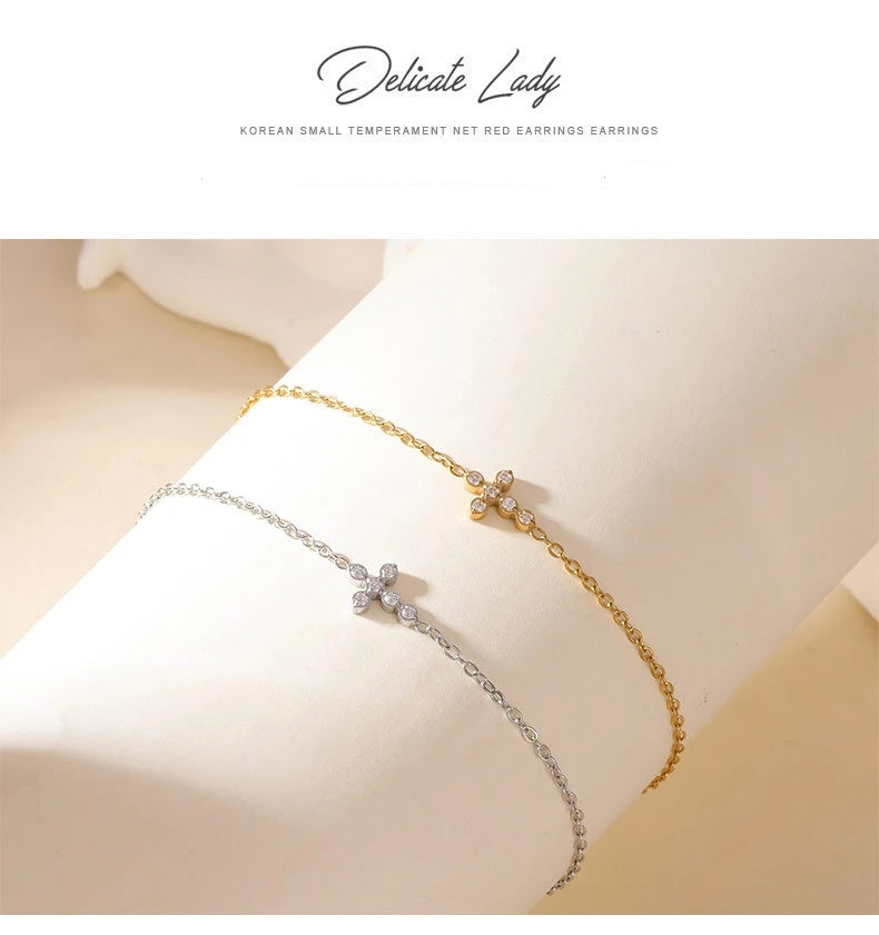 OBEAR 18K vergoldetes Edelstahl-Armband mit zierlichem Kreuz, Micro-Pavé-Armband mit kubischen Zirkonia, minimalistischer Schmuck, Geschenk für Frauen