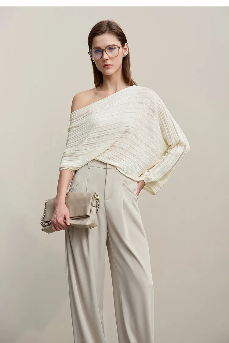 Beiger Damen-Crop-Strickpullover, asymmetrisch schulterfrei, Fledermausärmel, locker fallend