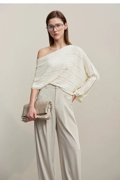 Beiger Damen-Crop-Strickpullover, asymmetrisch schulterfrei, Fledermausärmel, locker fallend