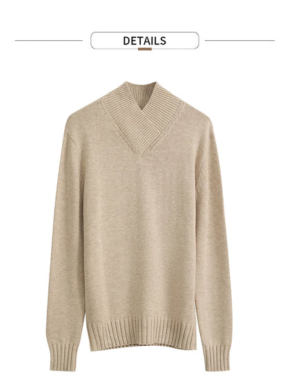 Damen-Strickpullover mit V-Ausschnitt, beiger Farbton, lange Ärmel