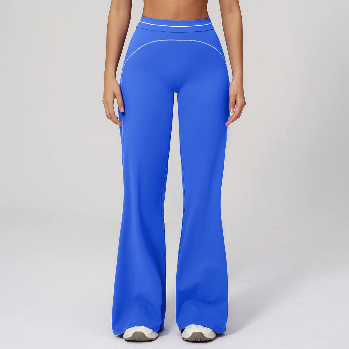 Damen-Yogahose hohe Taille, blau, weite Schlagbeine mit glatter Formnaht