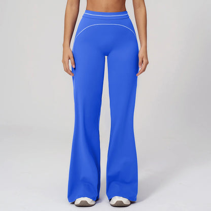 Damen-Yogahose hohe Taille, blau, weite Schlagbeine mit glatter Formnaht