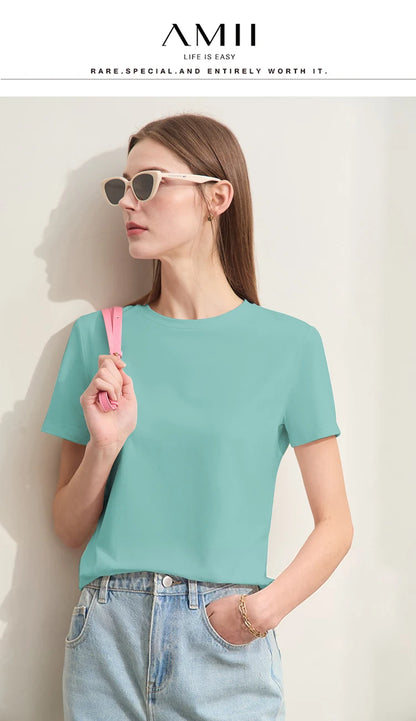 Damen T-Shirt im minimalistischen Stil mit lässigem O-Ausschnitt und kurzen Ärmeln