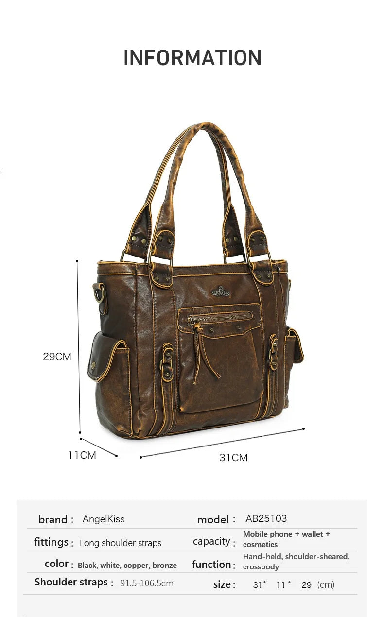 Damen-Schultertasche aus PU mit Mehrfachfächern Bronze Vintage Look Geräumige Innentaschen