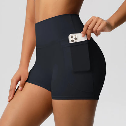 Hamidou Yogashorts für Frauen in Dunkel mit Reißverschluss-Tasche für Smartphone.