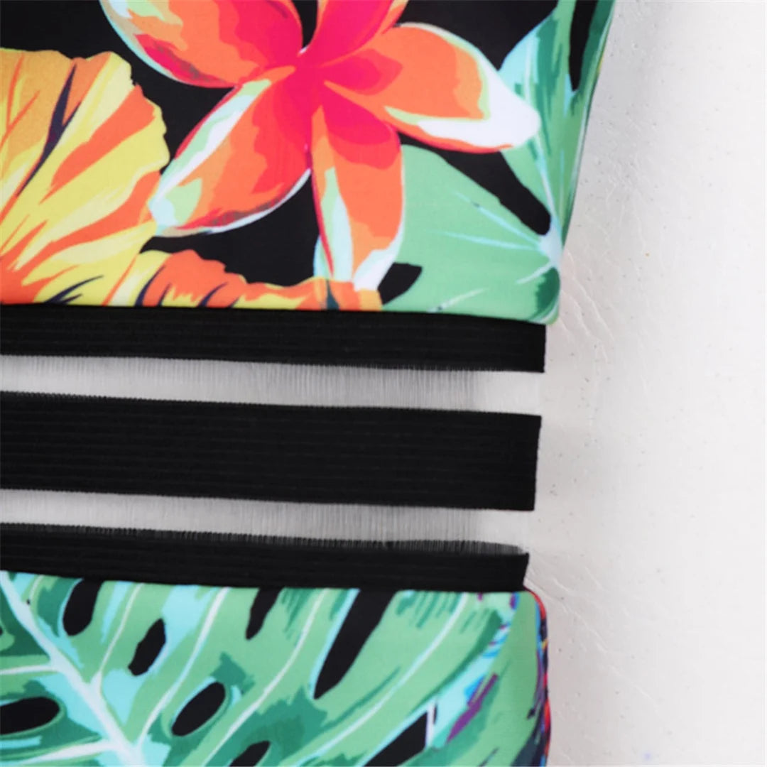 Damen Badeanzug Blätter Print Bügel BH-Cup Monokini Einteiler