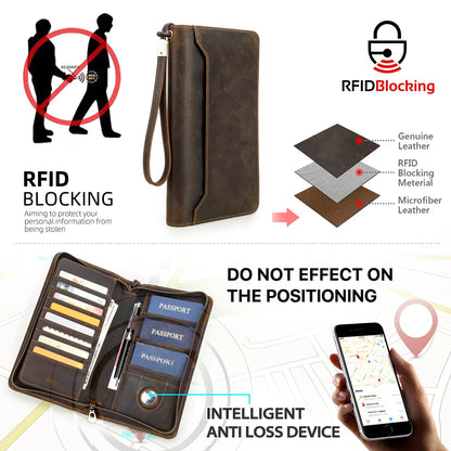 Braune Passbrieftasche aus Leder mit RFID-Blockierung, Reißverschluss und AirTag-Fach