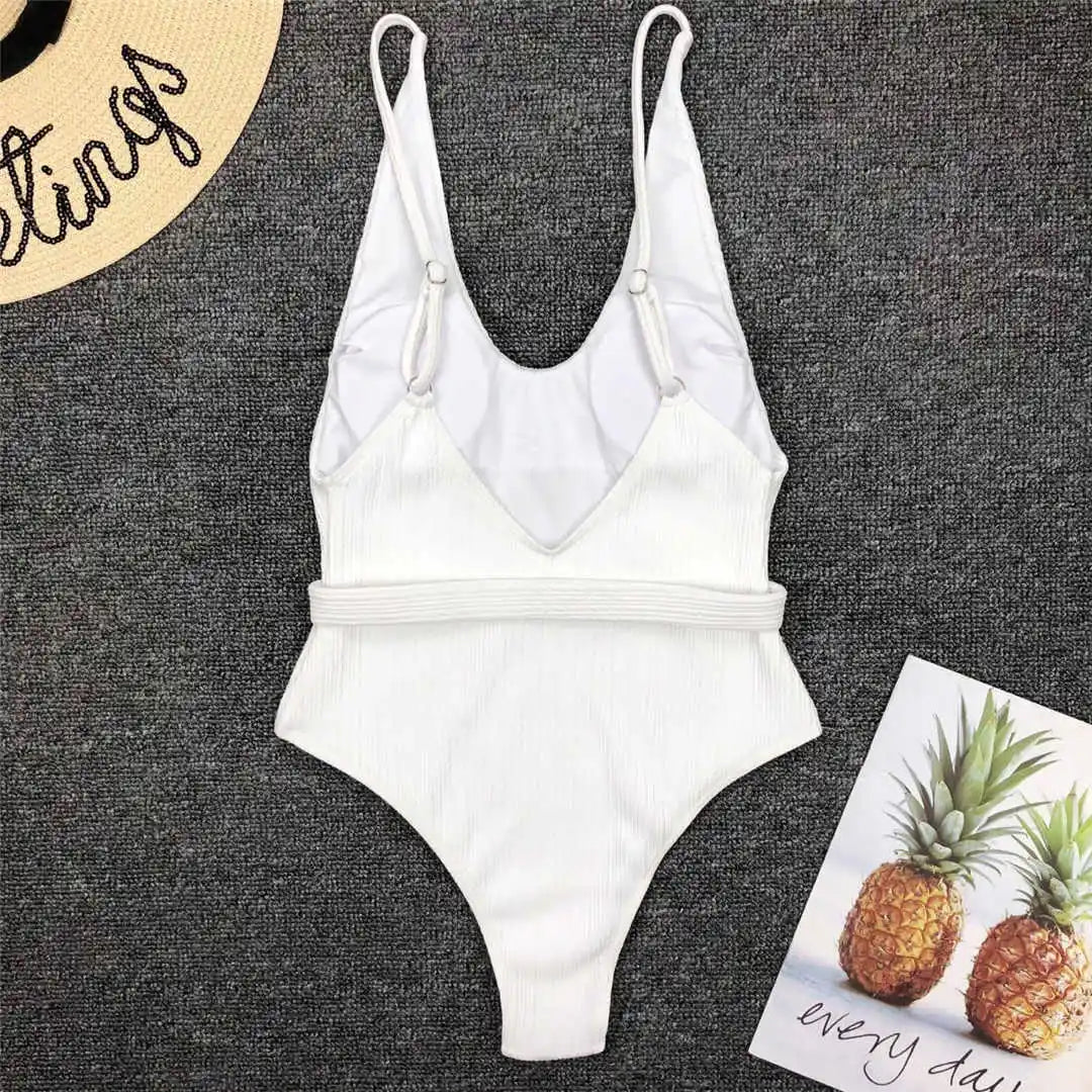 Damen-Badeanzug gerippt High-Cut Gürtel Monokini 6 Farben