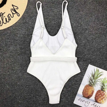 Damen-Badeanzug gerippt High-Cut Gürtel Monokini 6 Farben