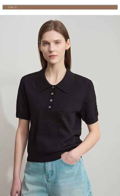Schwarzer Damen-Strickpullover mit kurzem Ärmel, Polo-Kragen und Knopfleiste