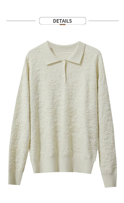 Damenpullover, cremefarbener Strick mit Kragen und Knopfleiste, lange Ärmel