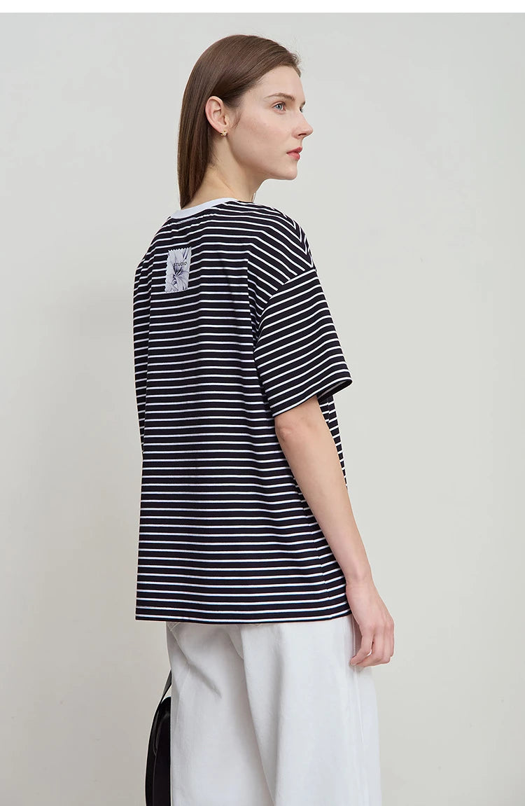 Damen T-Shirt aus reiner Baumwolle mit lässigem Streifenmuster und kurzen Ärmeln