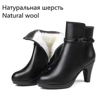 Damen-Ankleboots aus schwarzem Leder mit Wollfutter und Schnalle am Schaft
