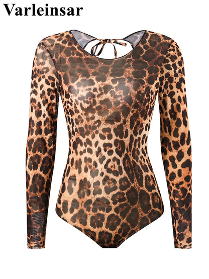 Damen Badeanzug Langarm Leopard Cover-Up gepolstert Einteiler