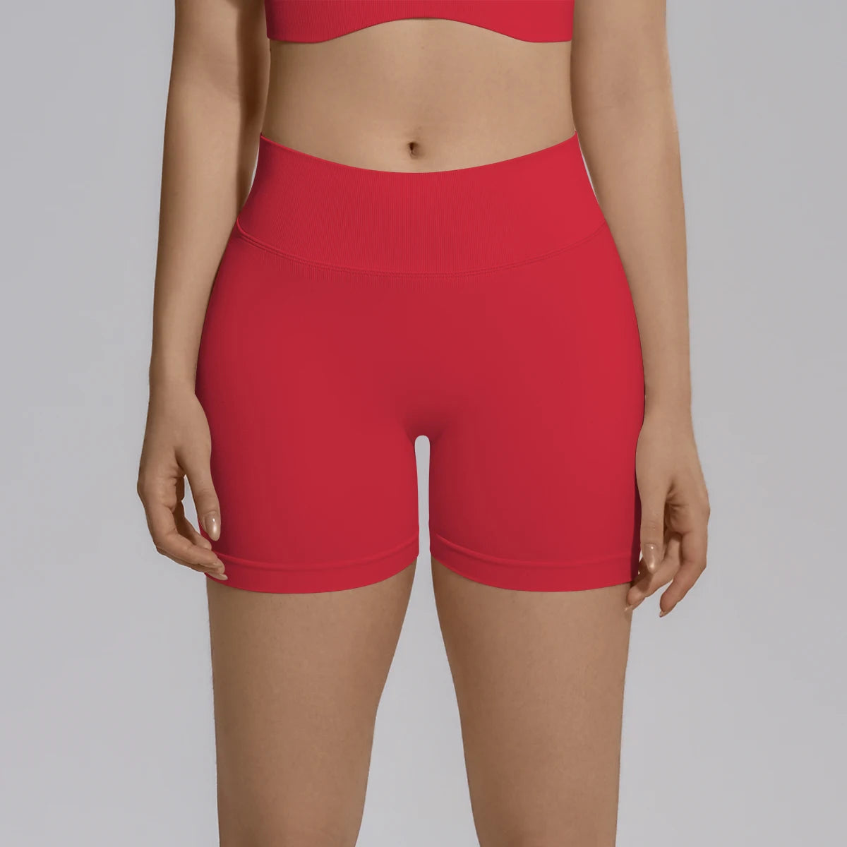 Nahtlose Yoga-Shorts für Frauen, rot, hoher Bund, gerader Beinabschluss.