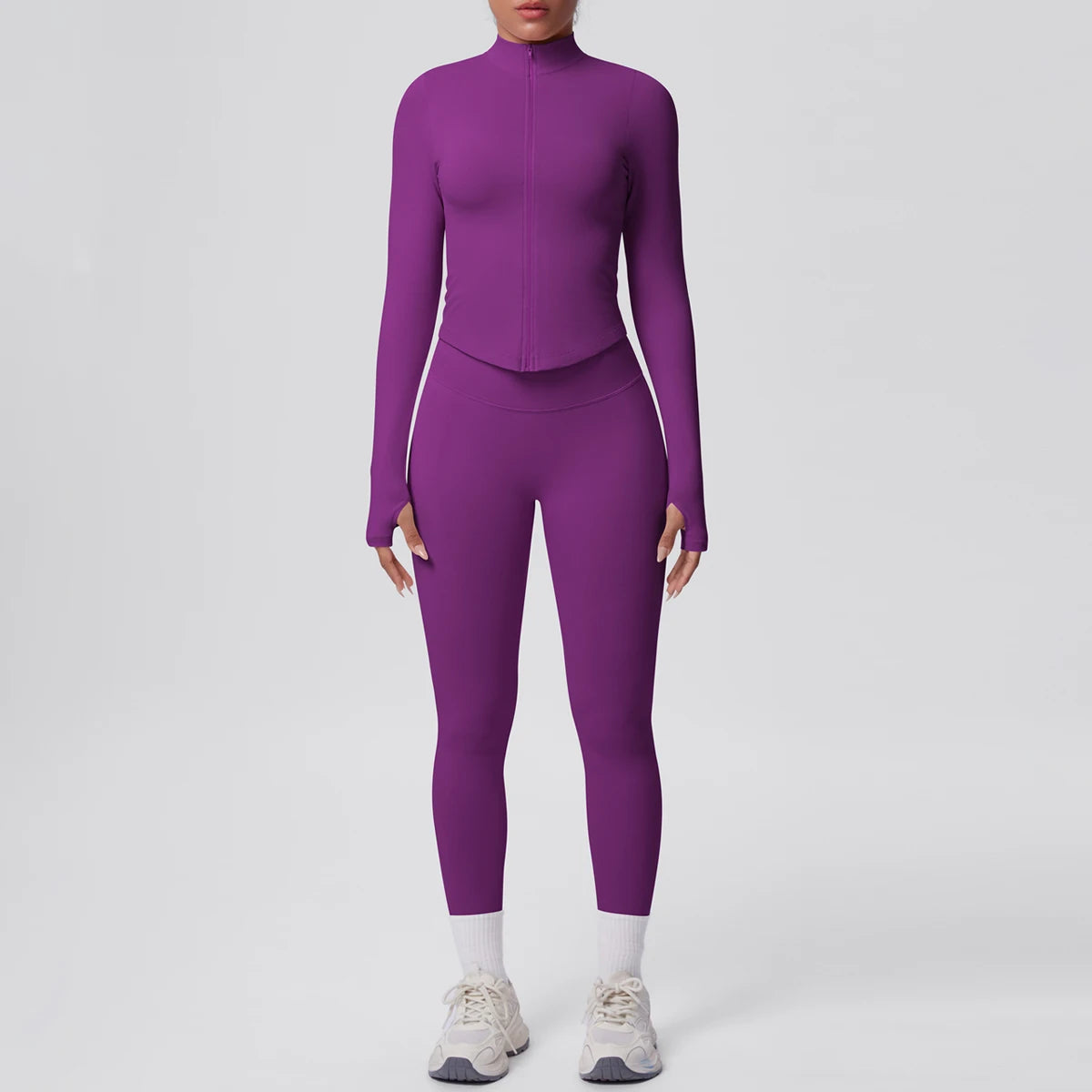 Lila Yoga-Set mit hoher Taille: Reißverschluss-Top und Leggings im Set
